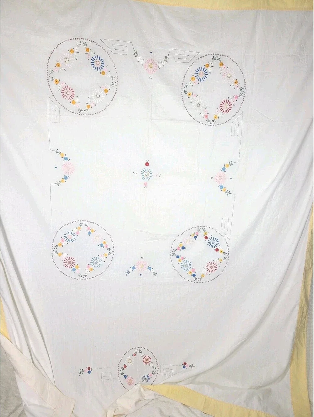 Vintage 1940s Tablecloth Hand Embroidered Art Deco 100% Cotton Summer Quilt Ooak